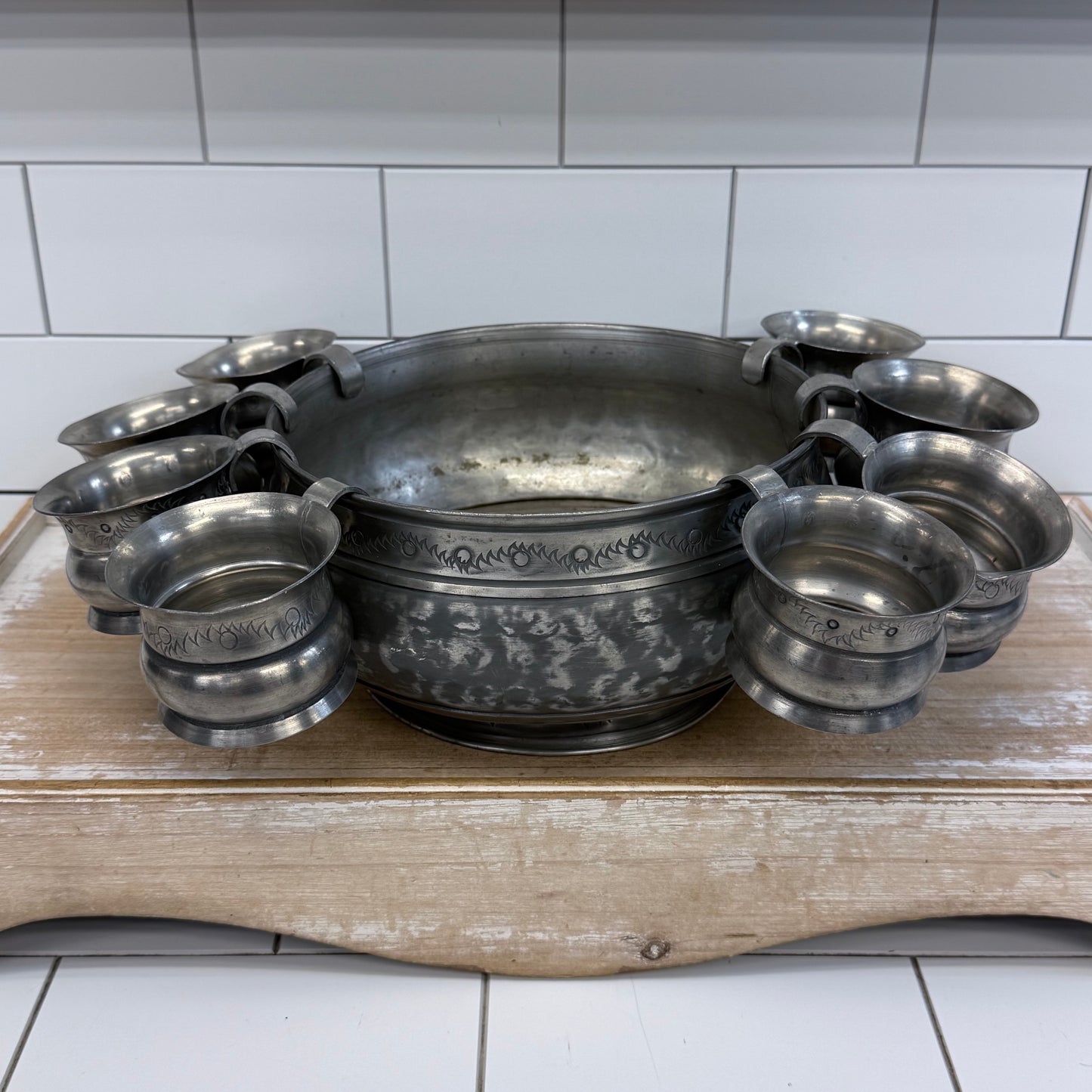Trond Tinn Norway Pewter Punch Bowl & 8 Cups Set 1971
