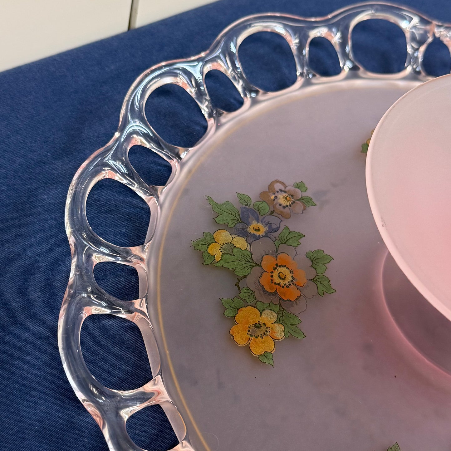 Pink Frosted Glass Floral Openwork Handled Serving Plate
