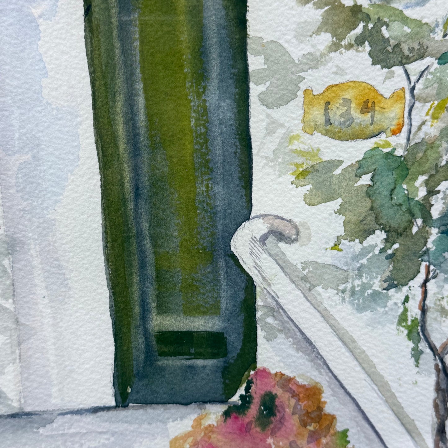 Cat on Steps Original Watercolor Signed Joann Florey Framed Art