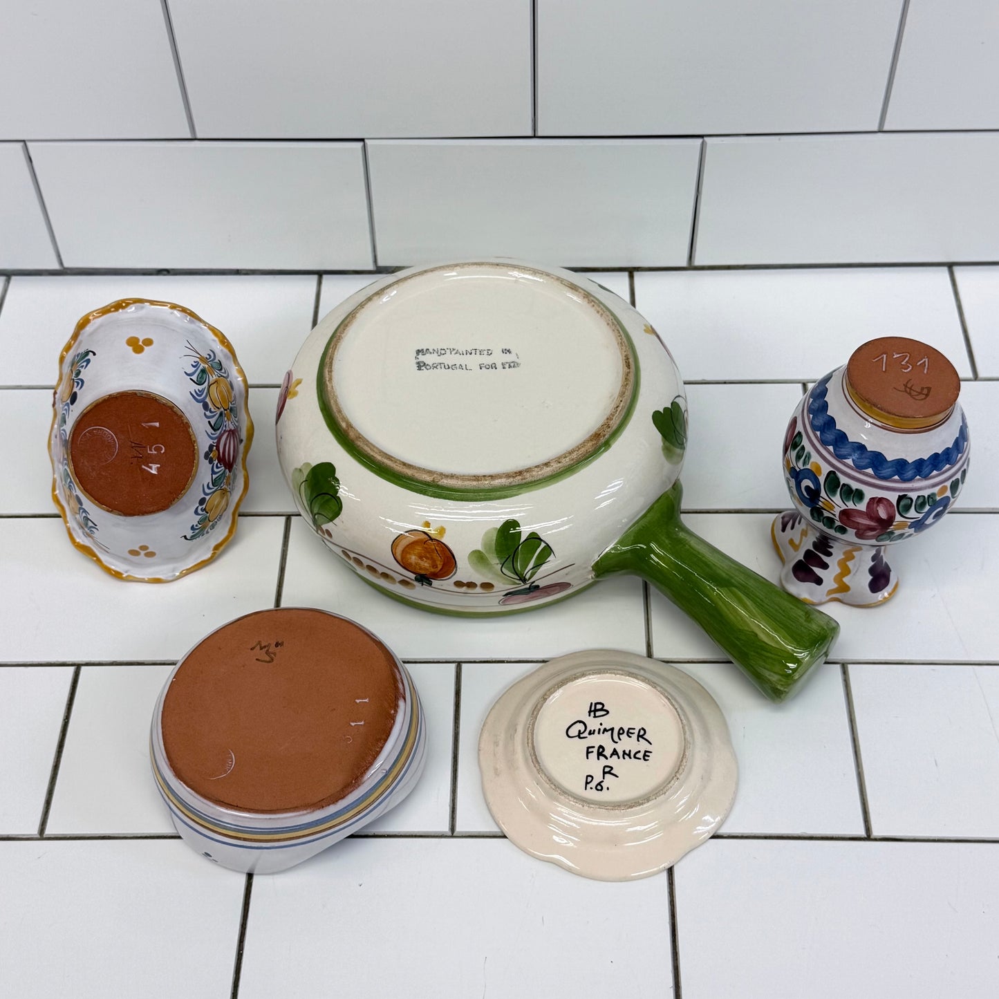 European Hand Painted Pottery Lot Quimper Modra Portugal Set of 5