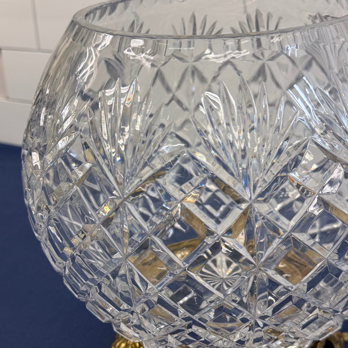 Hollywood Regency Cut Crystal Rose Bowl Brass Stand