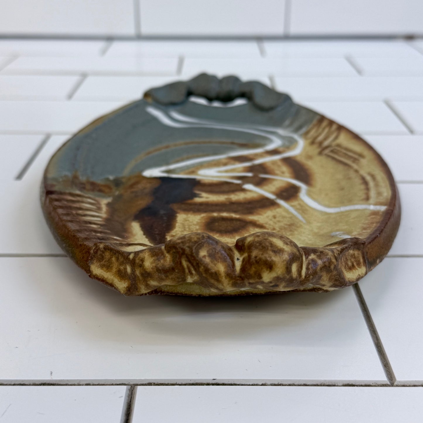 Signed Studio Art Pottery Abstract Handled Tray Stoneware