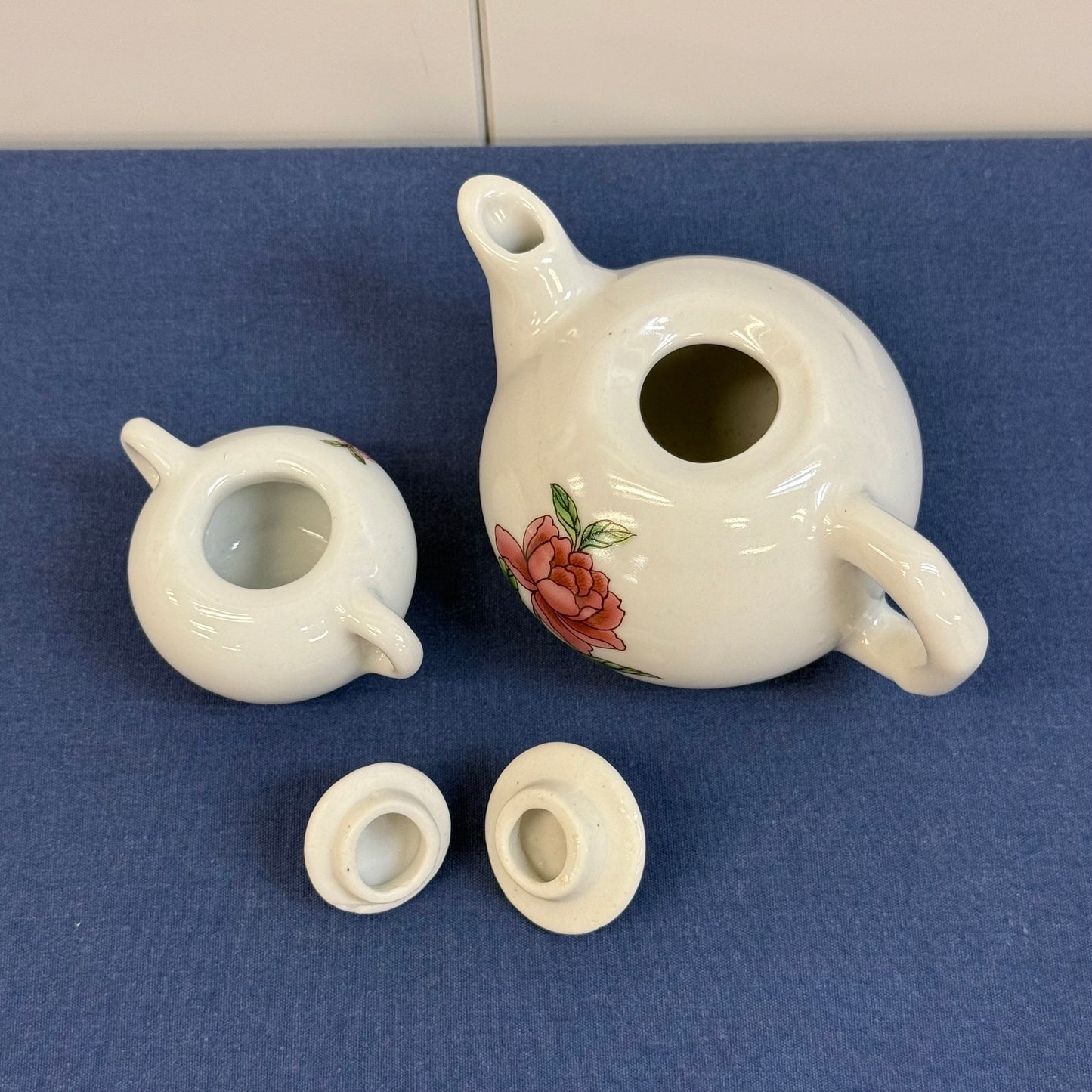 Delton Rose Child’s Porcelain Tea Set in Wicker Basket 1990s