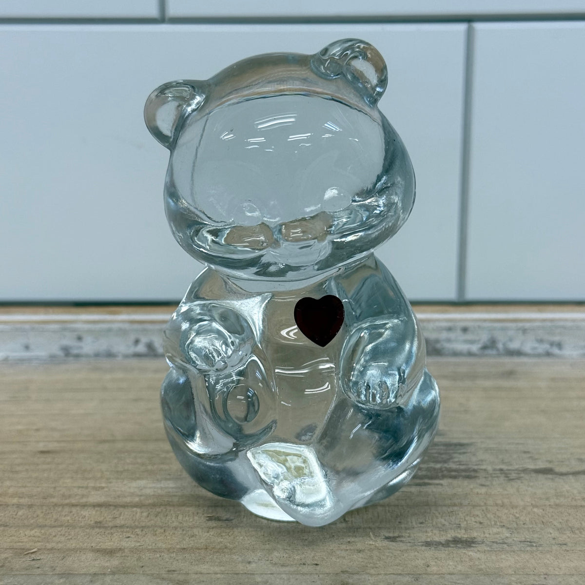 Fenton Clear Glass Teddy Bear Red Heart Figurine