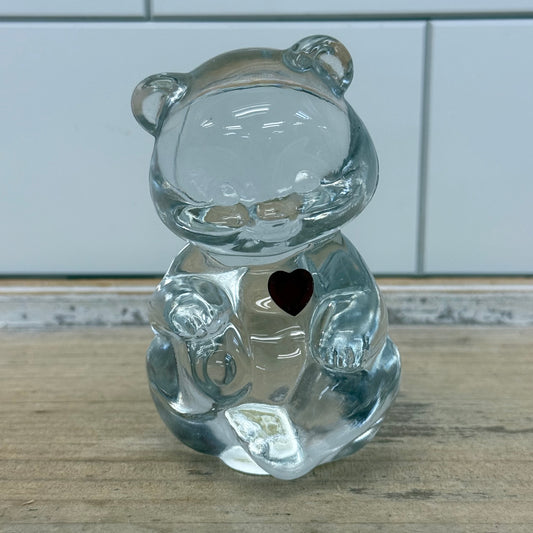 Fenton Clear Glass Teddy Bear Red Heart Figurine