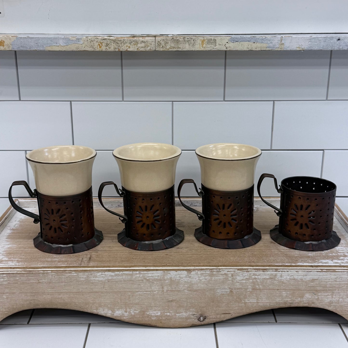 Pfaltzgraff Village Copper Mug Holders & Stoneware Inserts Set