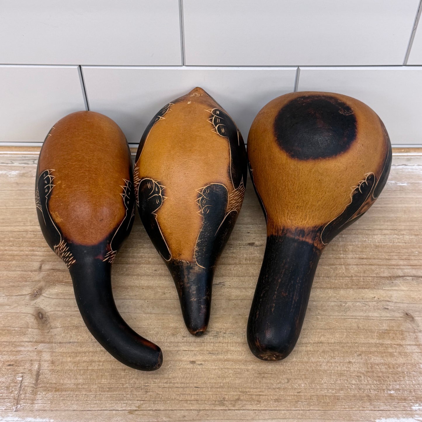 Peruvian Carved Gourd Rattles Animal Folk Art Set 1970s