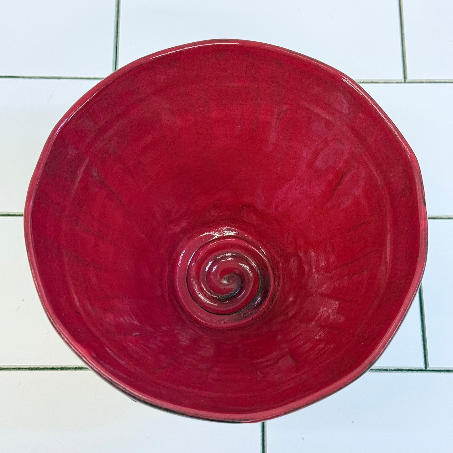 Studio Art Pottery Red Stoneware Carved Line Bowl Vintage Signed
