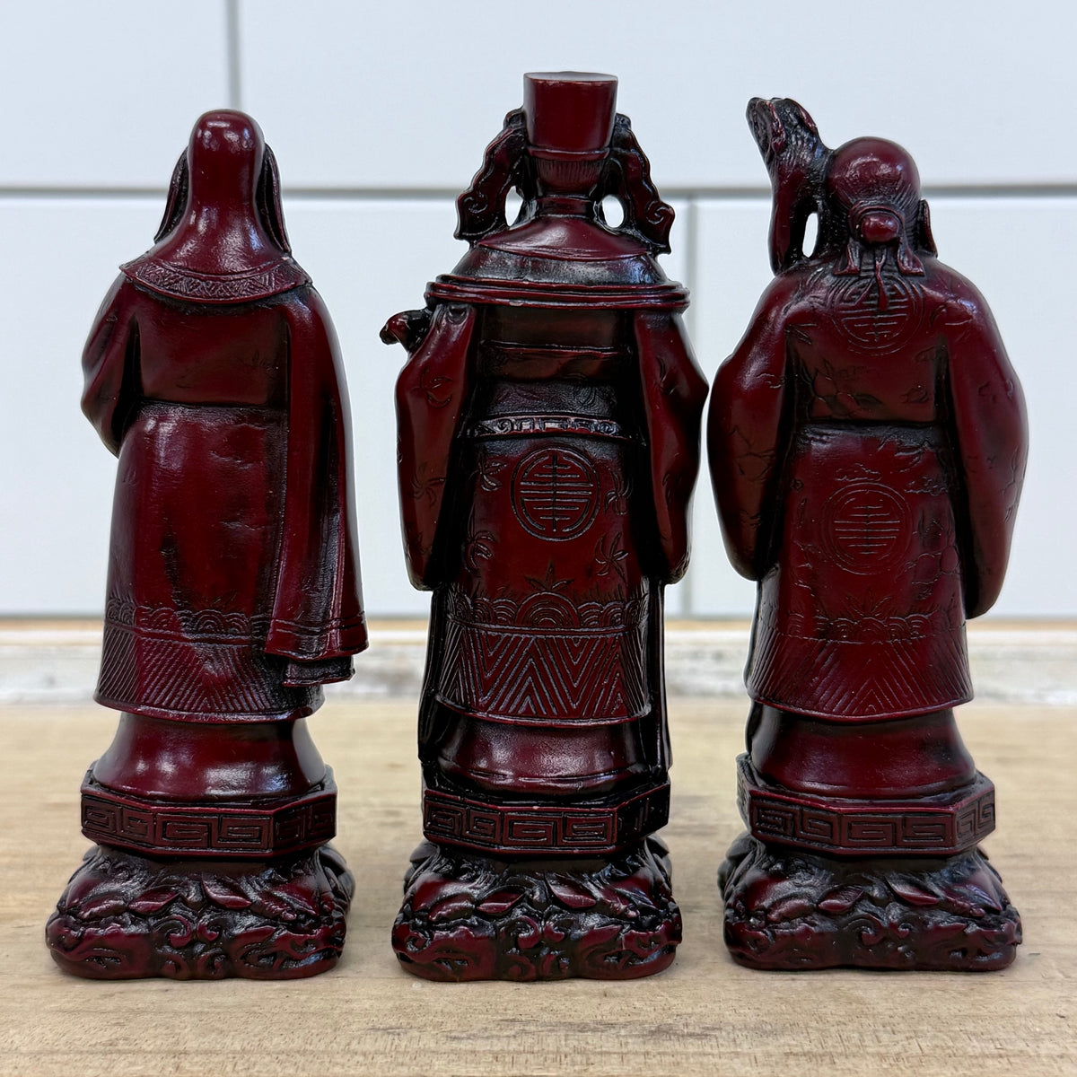 Vintage Chinese Fu Lu Shou Three Star Gods Red Resin Figurines