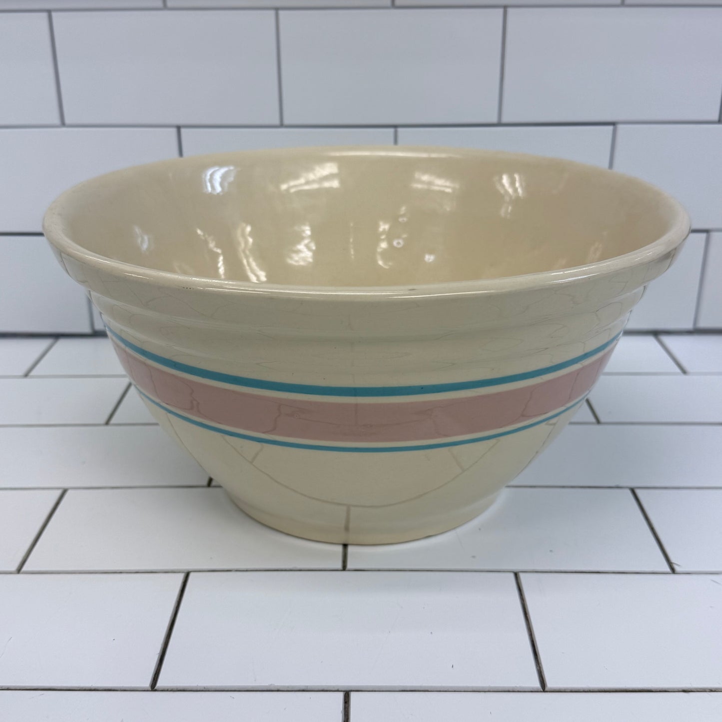 USA Pottery Mixing Bowl Pink Blue Bands Ovenware 1940s