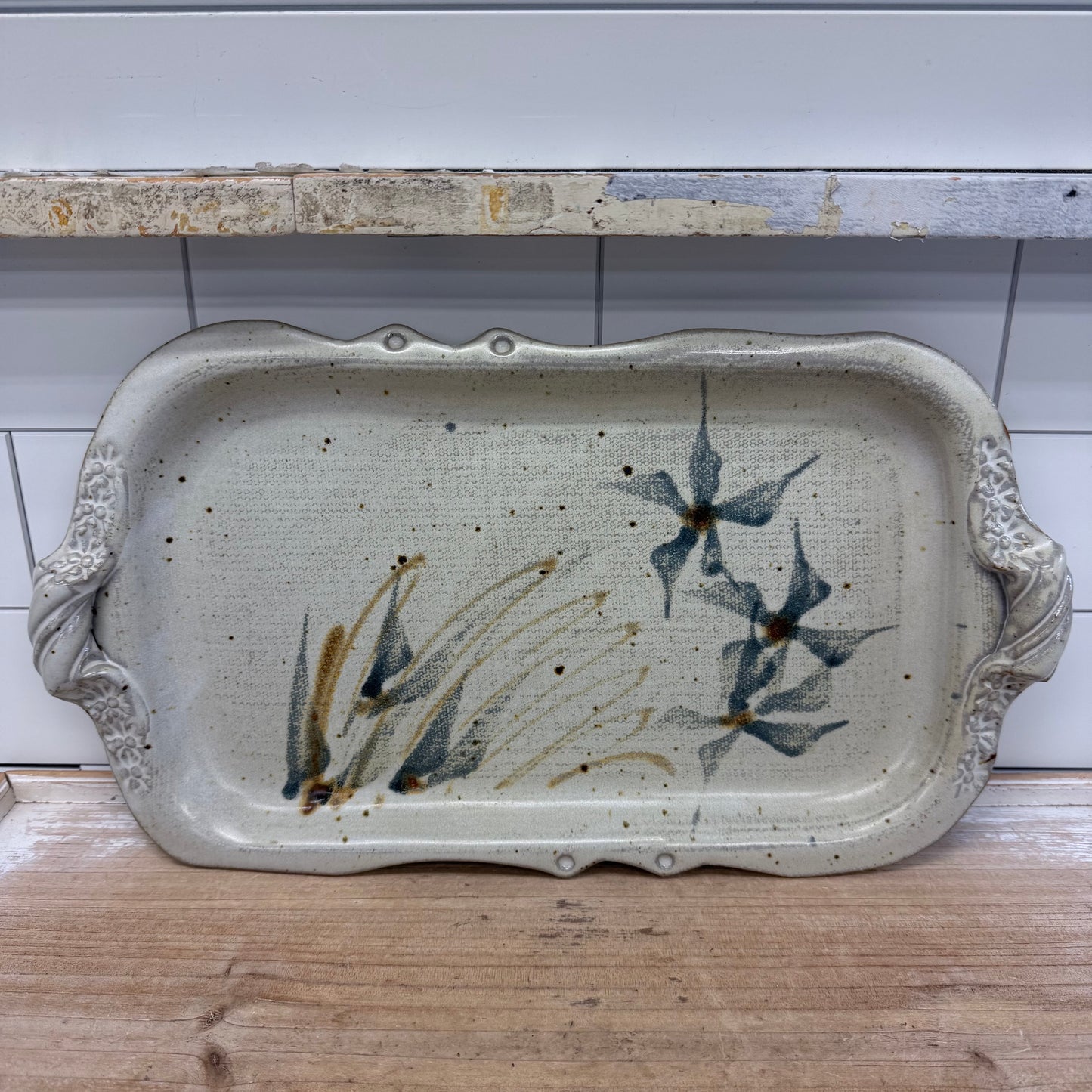 Studio Art Pottery Floral Serving Tray Signed Stoneware