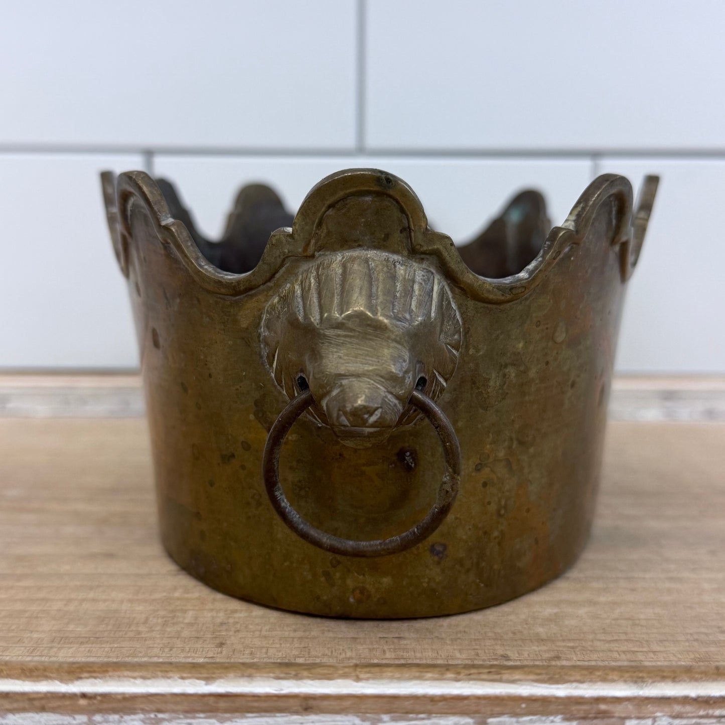 Brass Lion’s Head Cachepot Planter Vintage 1960s