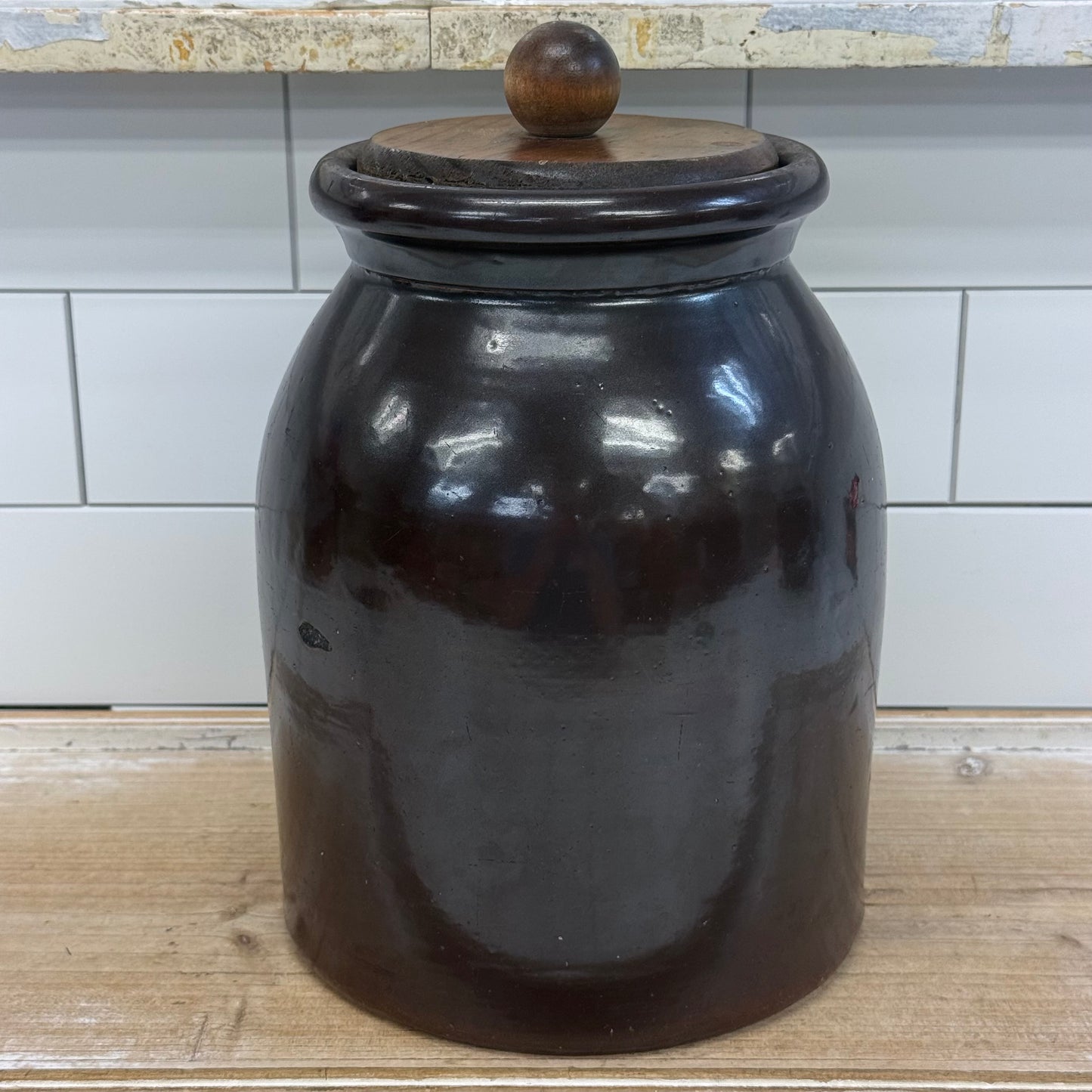 Stoneware Storage Crock with Wooden Lid Brown Glazed Kitchen Jar
