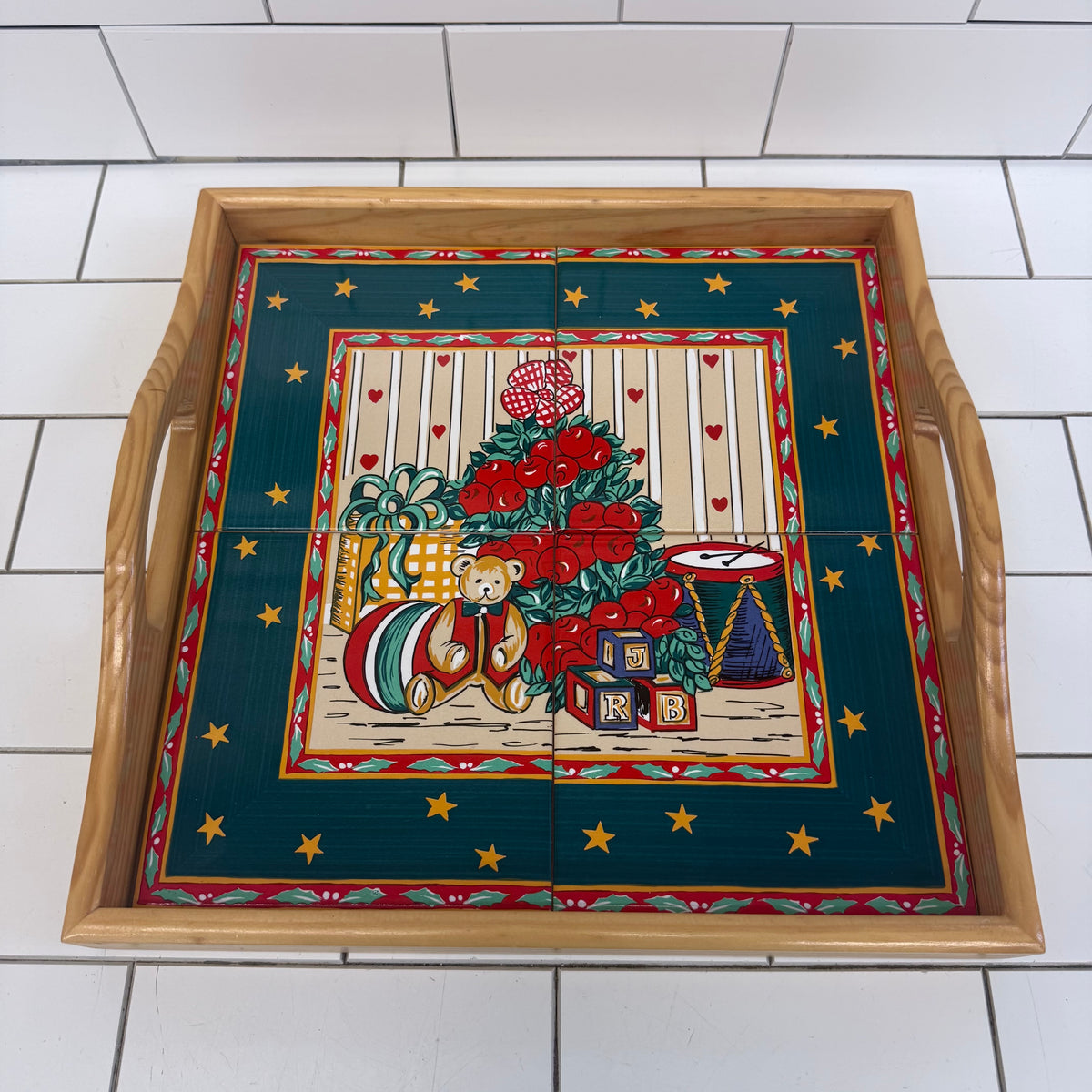 Holiday Serving Tray Ceramic Tile Teddy Bear Decor
