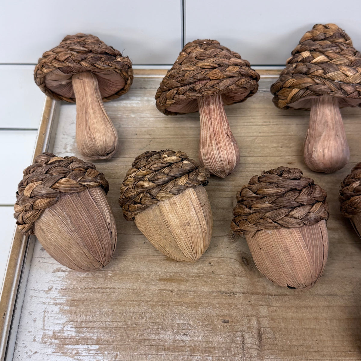 Rustic Trough Bowl & Woven Mushroom Acorn Pine Cones
