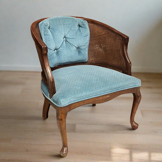 Mid Century Blue Tufted Caneback Chair with Plush Cushion, 1960s