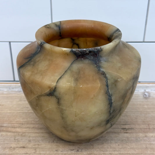Natural Alabaster Stone Vase Hand Carved Decorative Vessel Vintage
