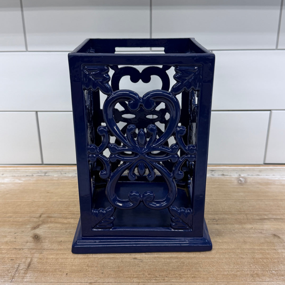Navy Blue Cast Iron Cookbook Stand & Utensil Holder Set
