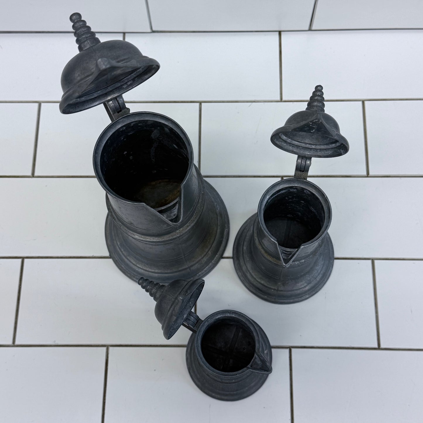 Pewter Flagon Set of 3 with Hinged Lids