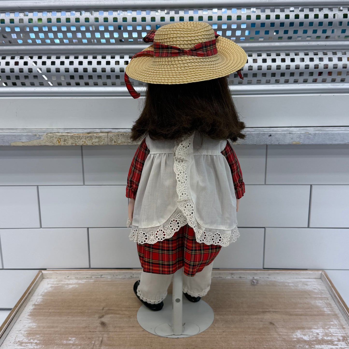Musical Porcelain Doll in Plaid Dress with Stand & Music Box