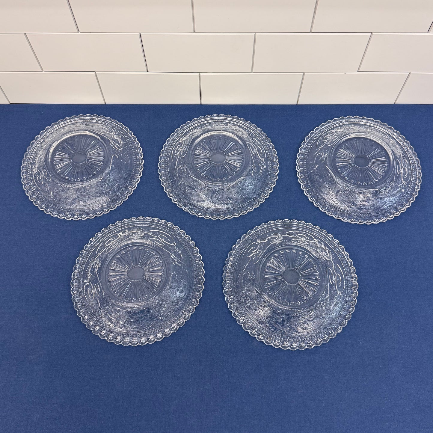 Vintage Dragon Motif Pressed Glass Plates Set of 11 Clear Dessert Plates