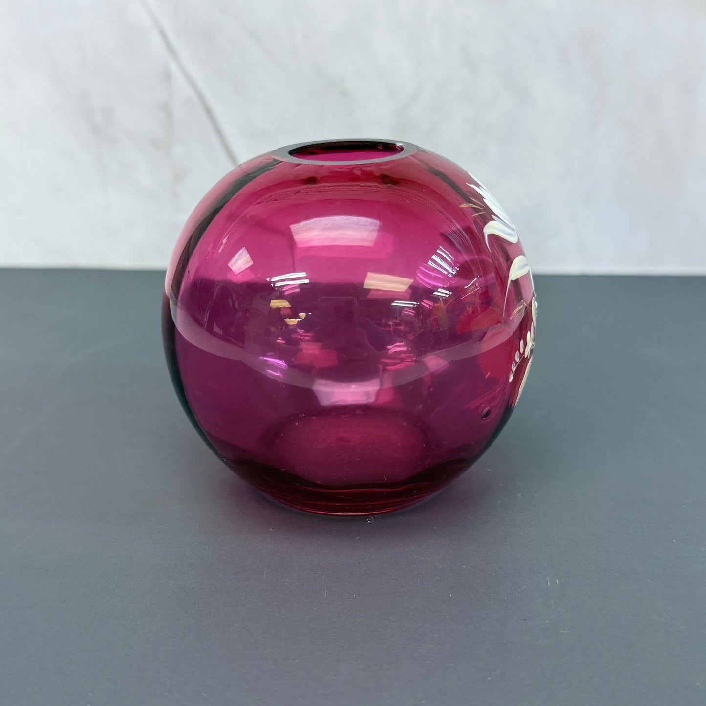 Hand Painted Floral Cranberry Glass Ball Vase