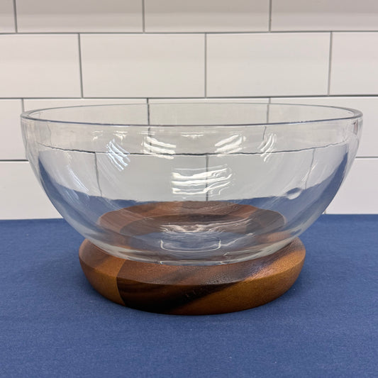 Nambé Cooper Salad Bowl Set Acacia Glass & Utensils