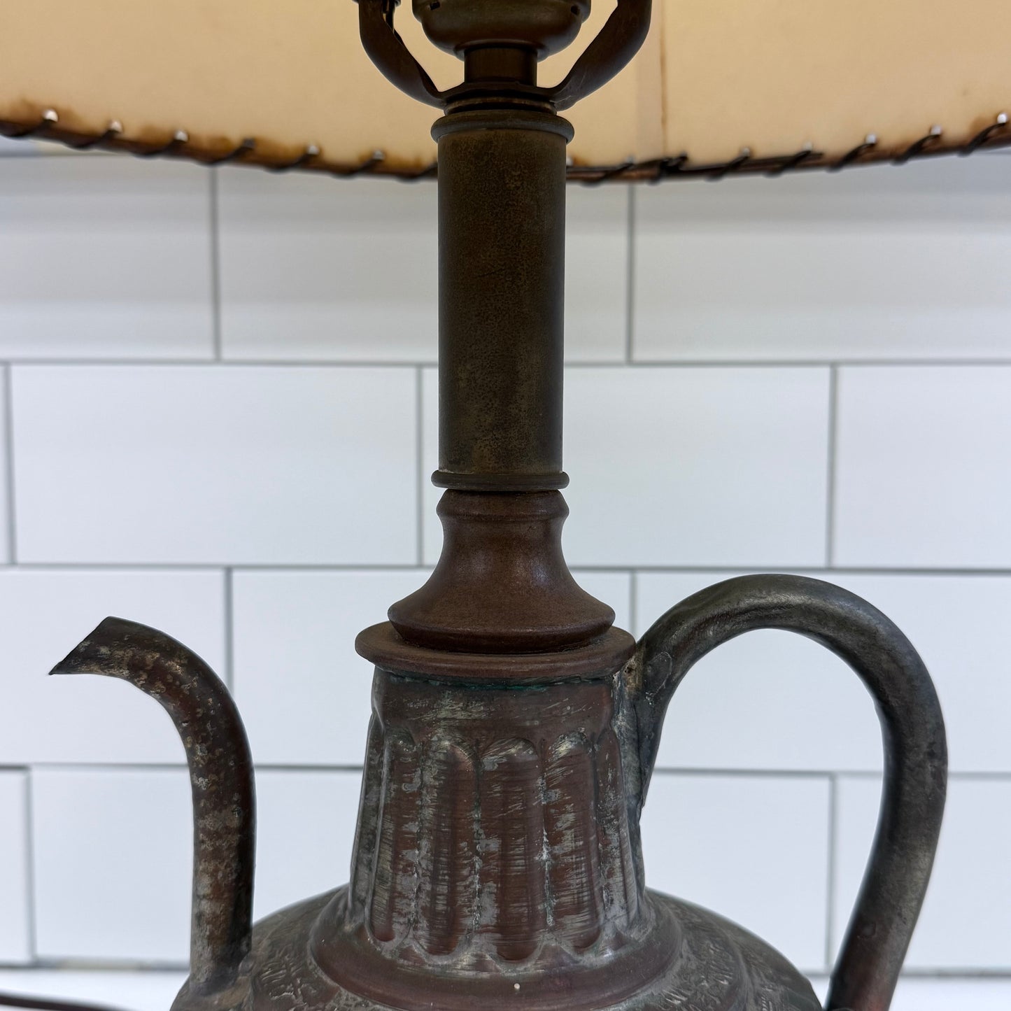 Vintage Kettle Table Lamp with Whipstitch Shade