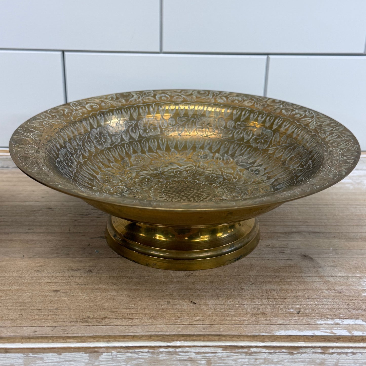 Etched Floral Brass Compotes Set of 2 Vintage Pedestal Bowls