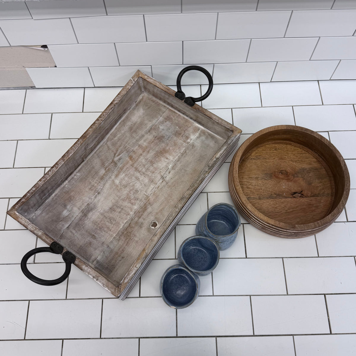 Rustic Wood Tray Bowl & Blue Ceramic Decor Set