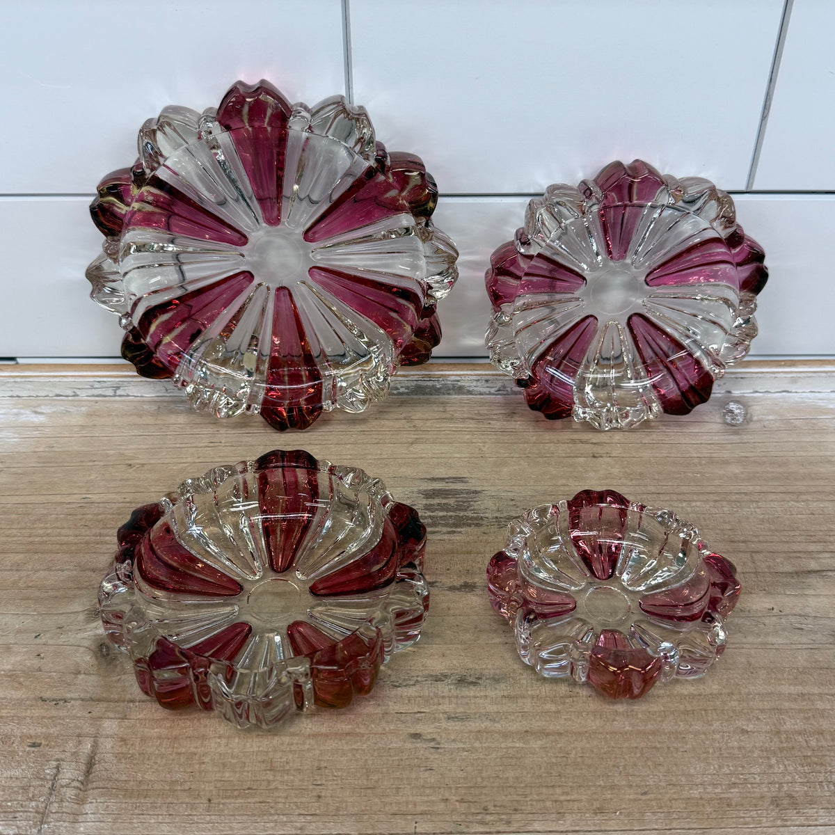 Pink & Clear Glass Scalloped Dishes Set of 4 Vintage 1960s