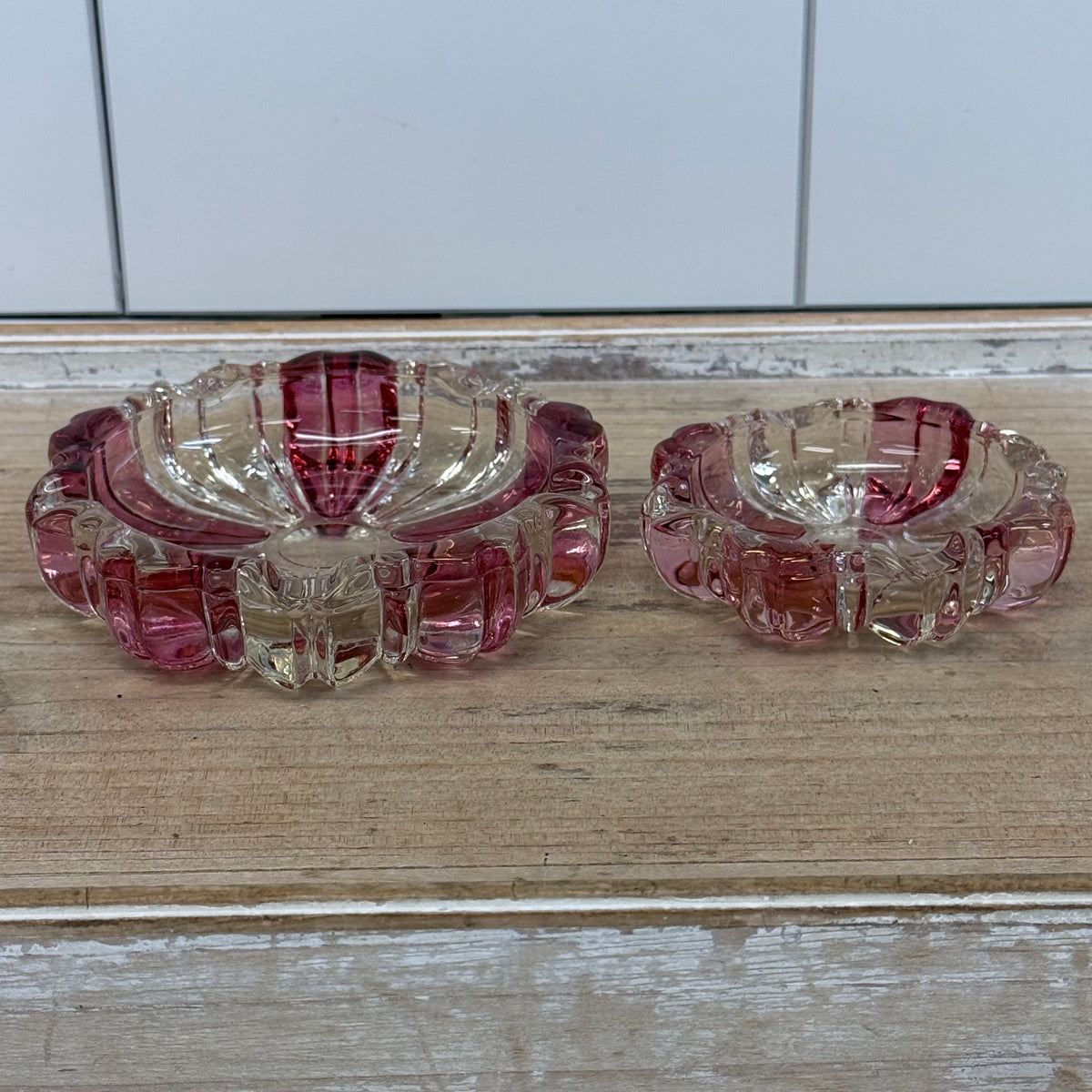 Pink & Clear Glass Scalloped Dishes Set of 4 Vintage 1960s