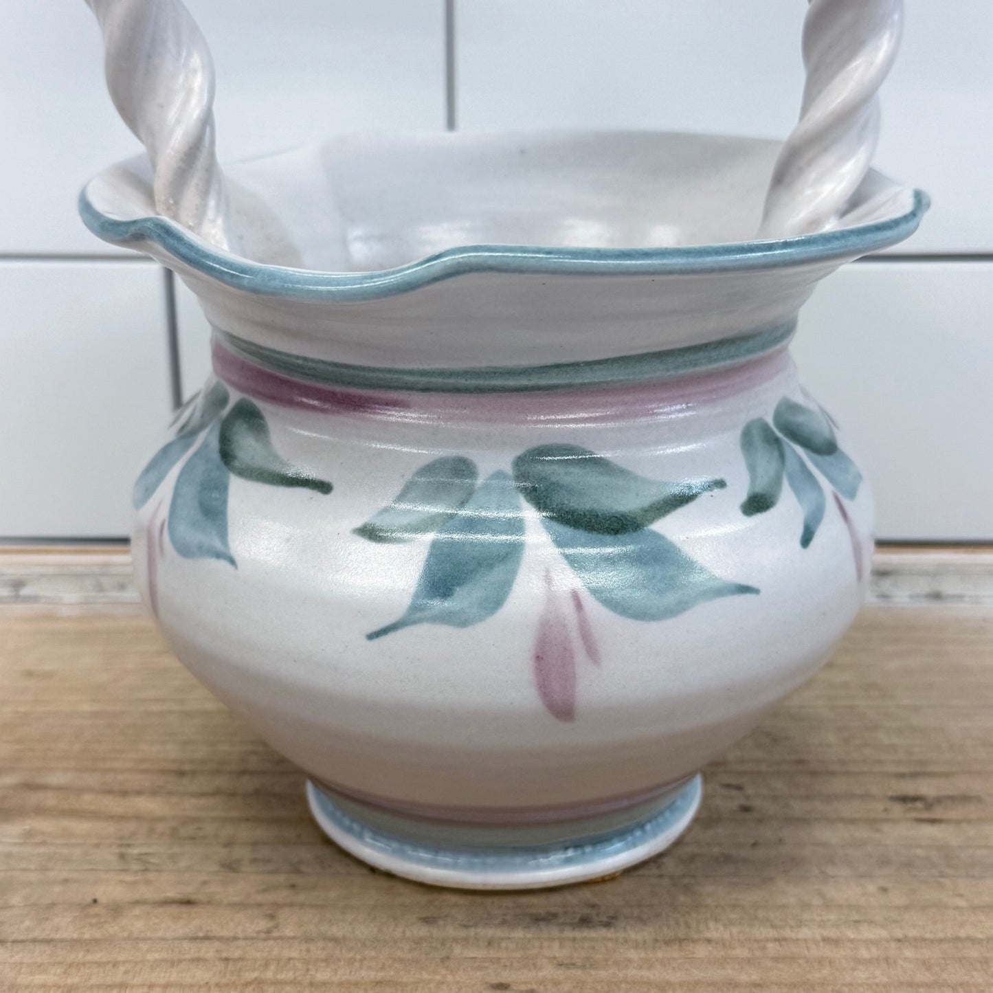 Studio Art Pottery Floral Basket Twisted Handle Signed Ceramic