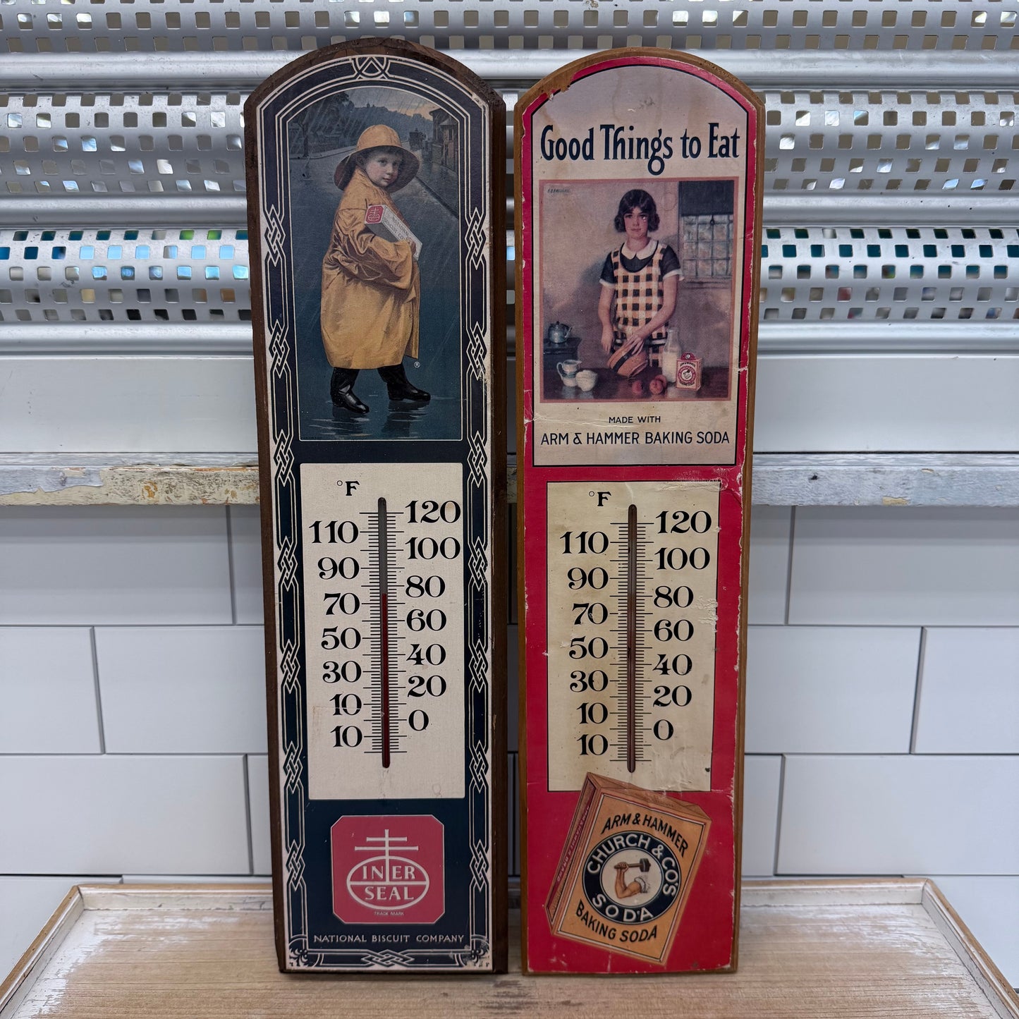 Vintage Nabisco Arm & Hammer Wood Thermometers Set of 2