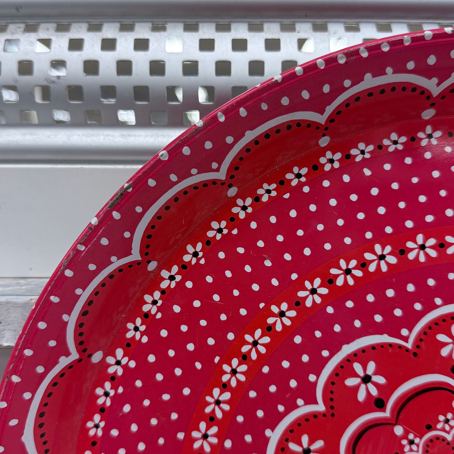 Folk Art Metal Serving Tray with Polka Dot Floral Design