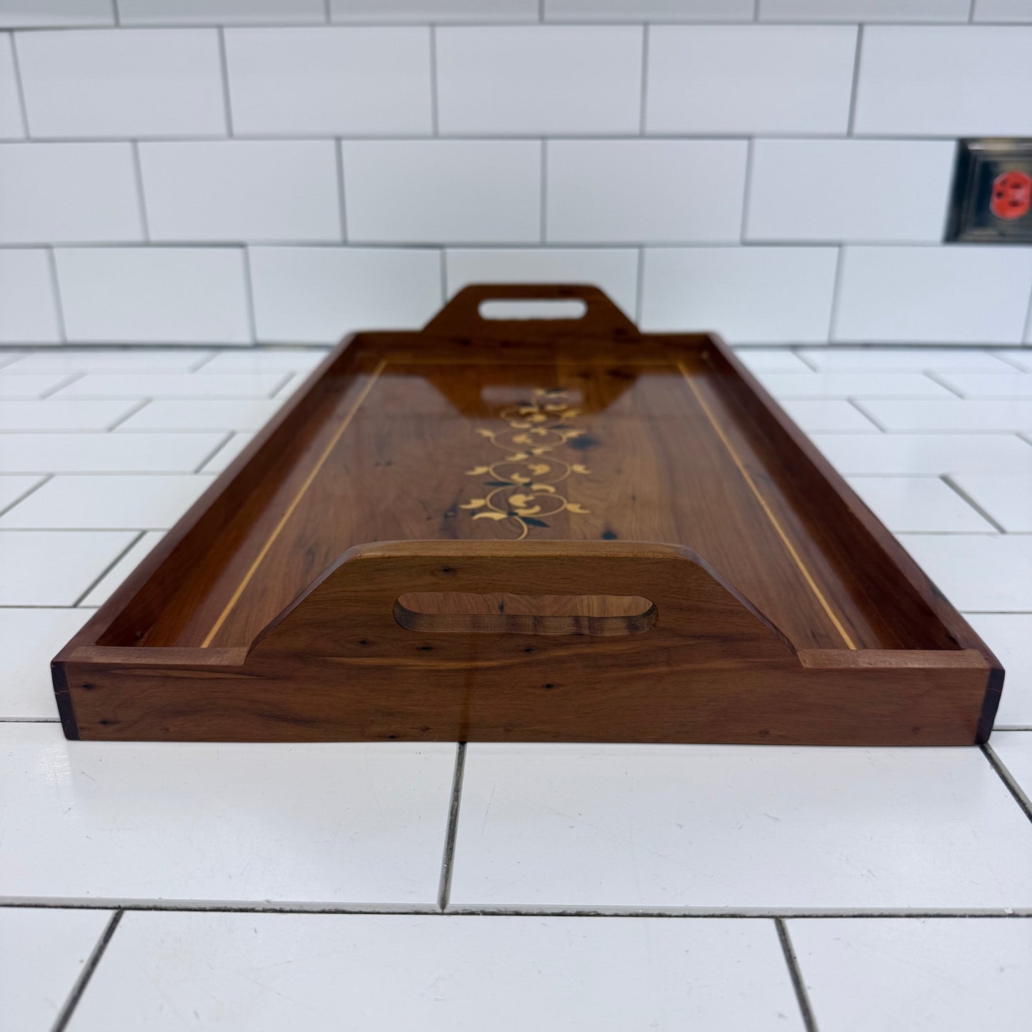 Marquetry Inlaid Wooden Serving Tray with Handles