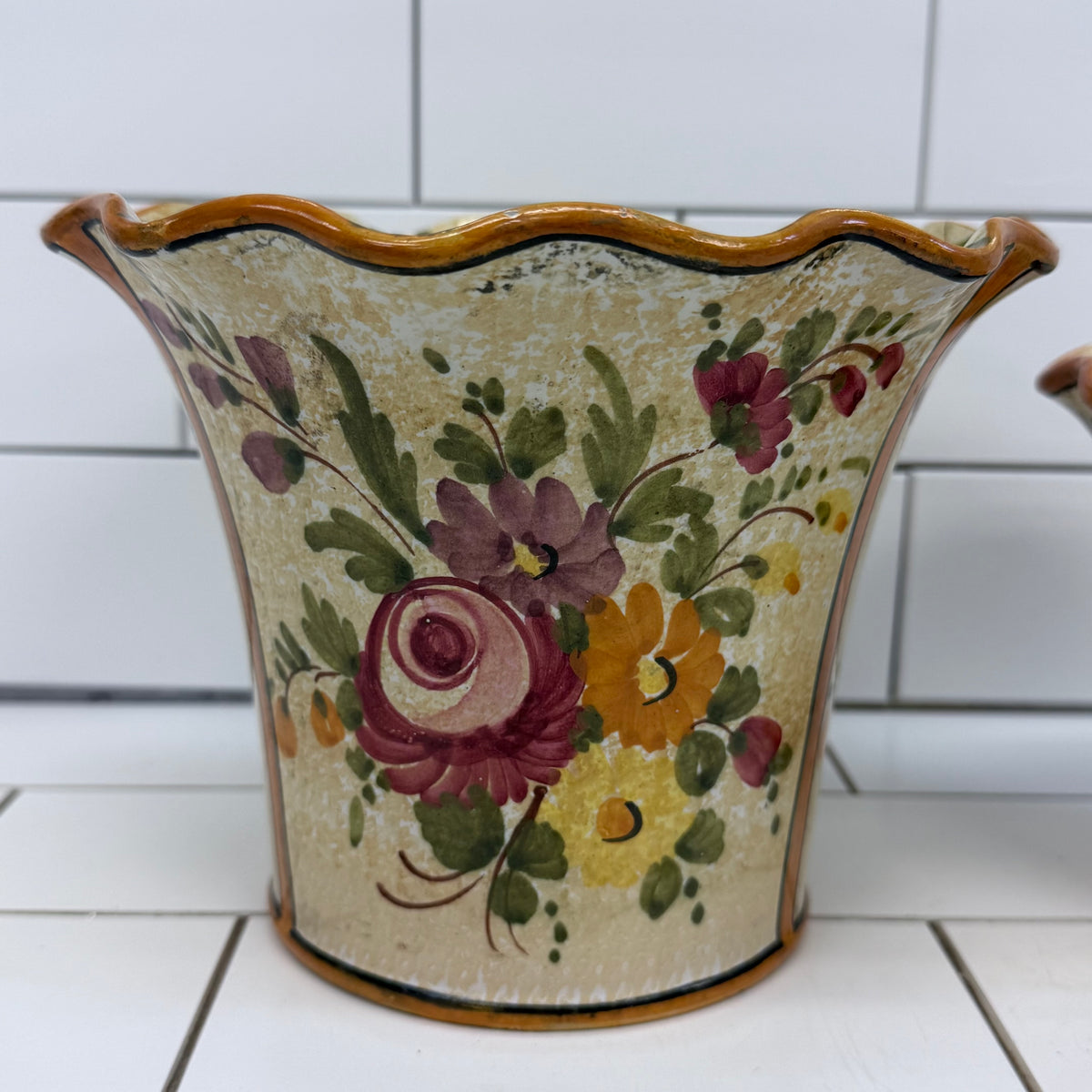 Italian Hand Painted Floral Ceramic Planters Set of 2