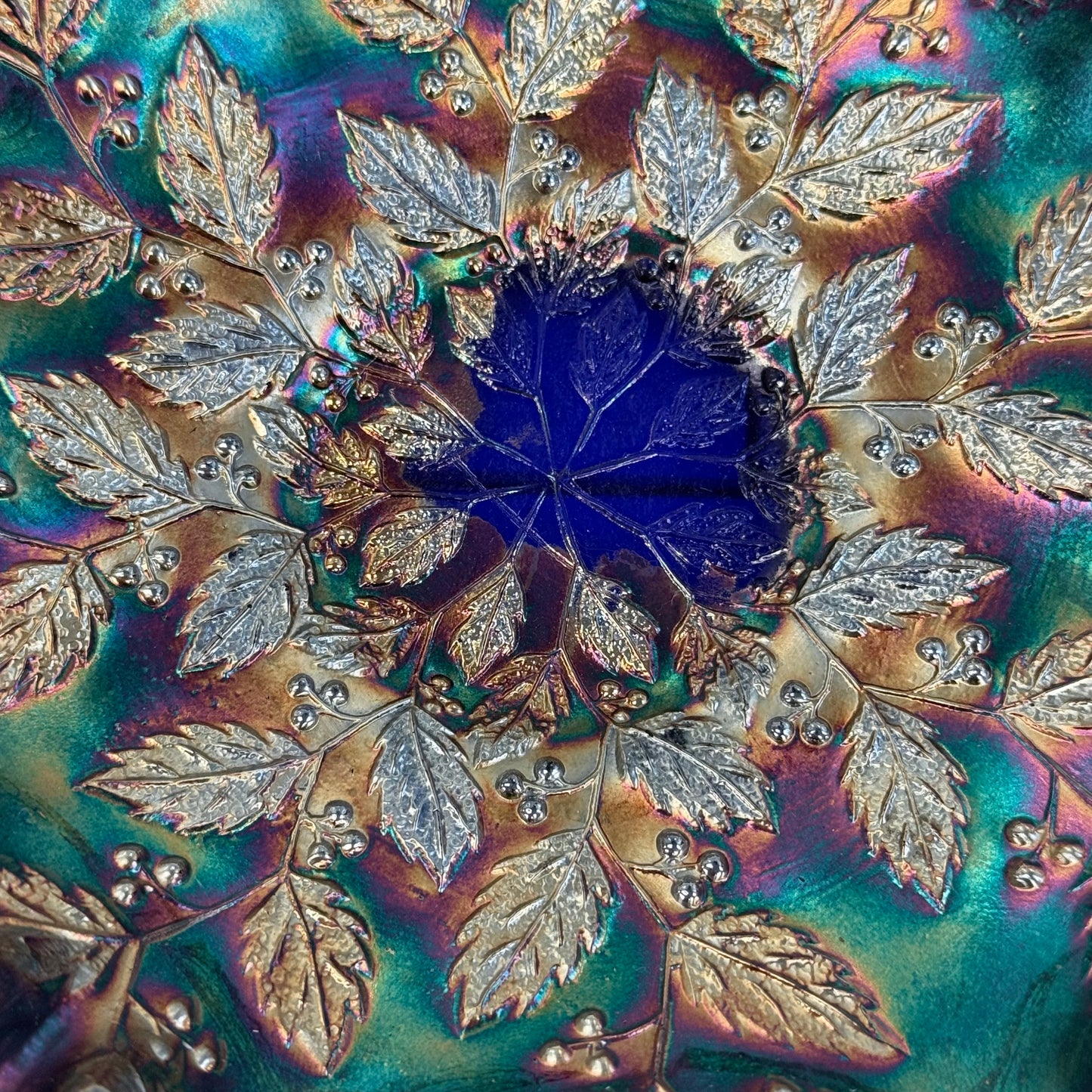 Fenton Holly Carnival Glass Ruffled Bowl Blue Iridescent