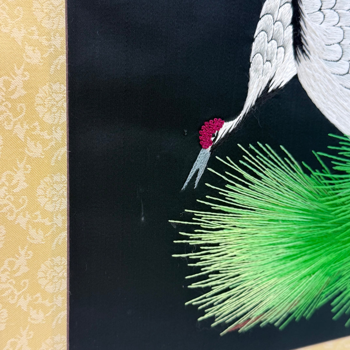 Crane Bird Embroidery Pine Tree Asian Style Textile Wall Art