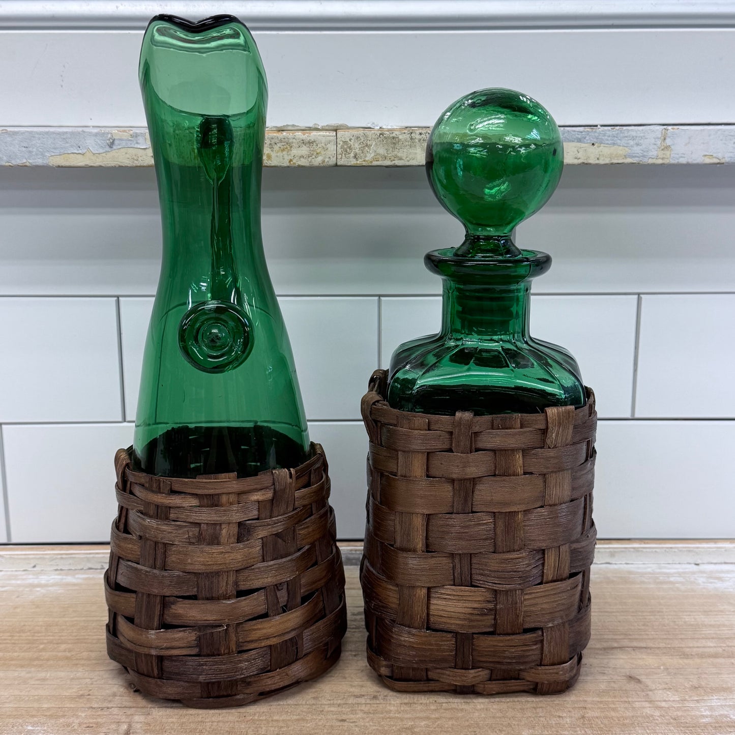 Spanish Emerald Green Art Glass Decanter & Pitcher Set 1960s