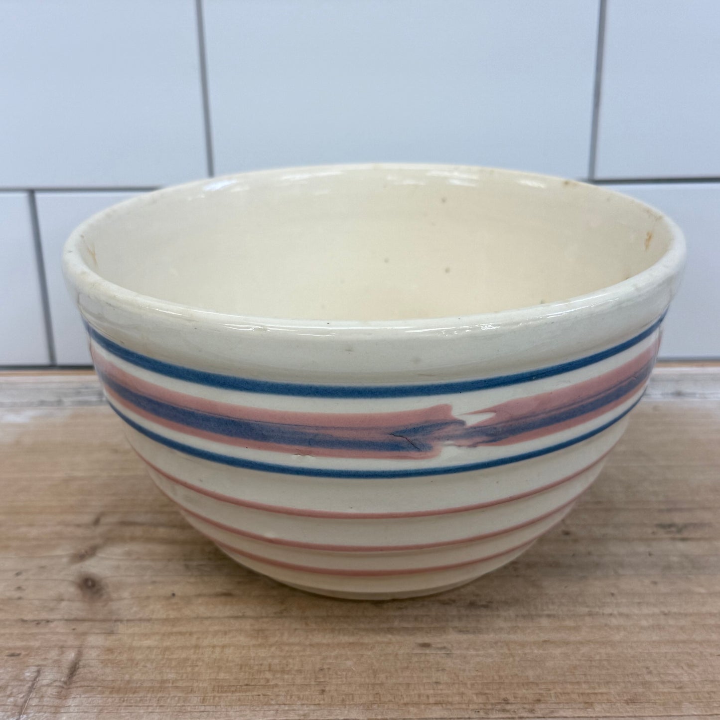 American Pink & Blue Band Stoneware Mixing Bowl 1930s