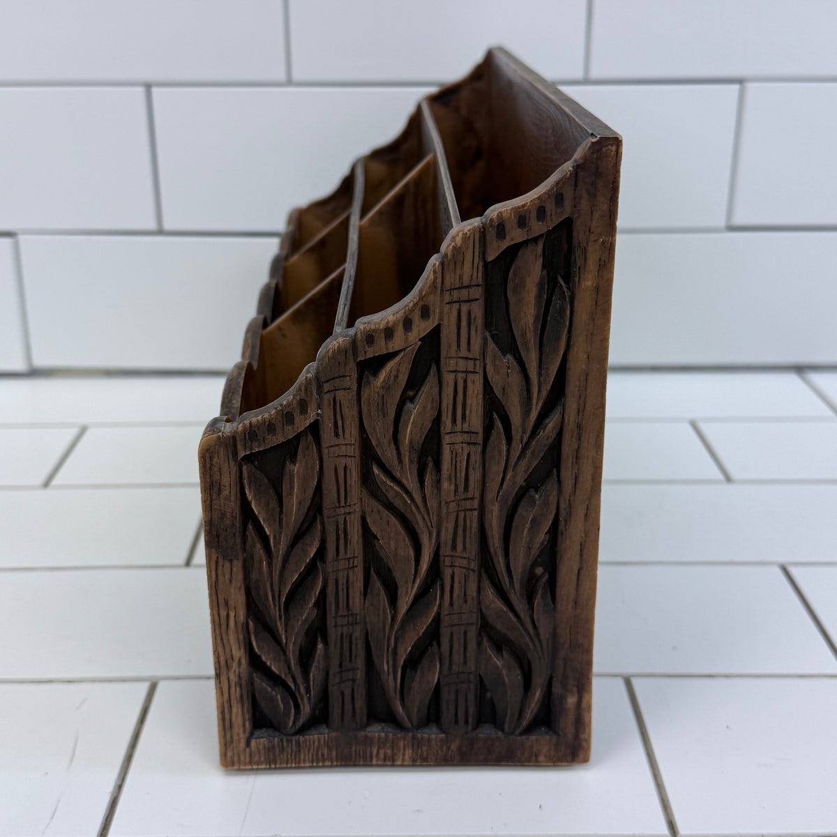 Vintage Lerner Carved Wood Floral Letter Mail Desk Organizer