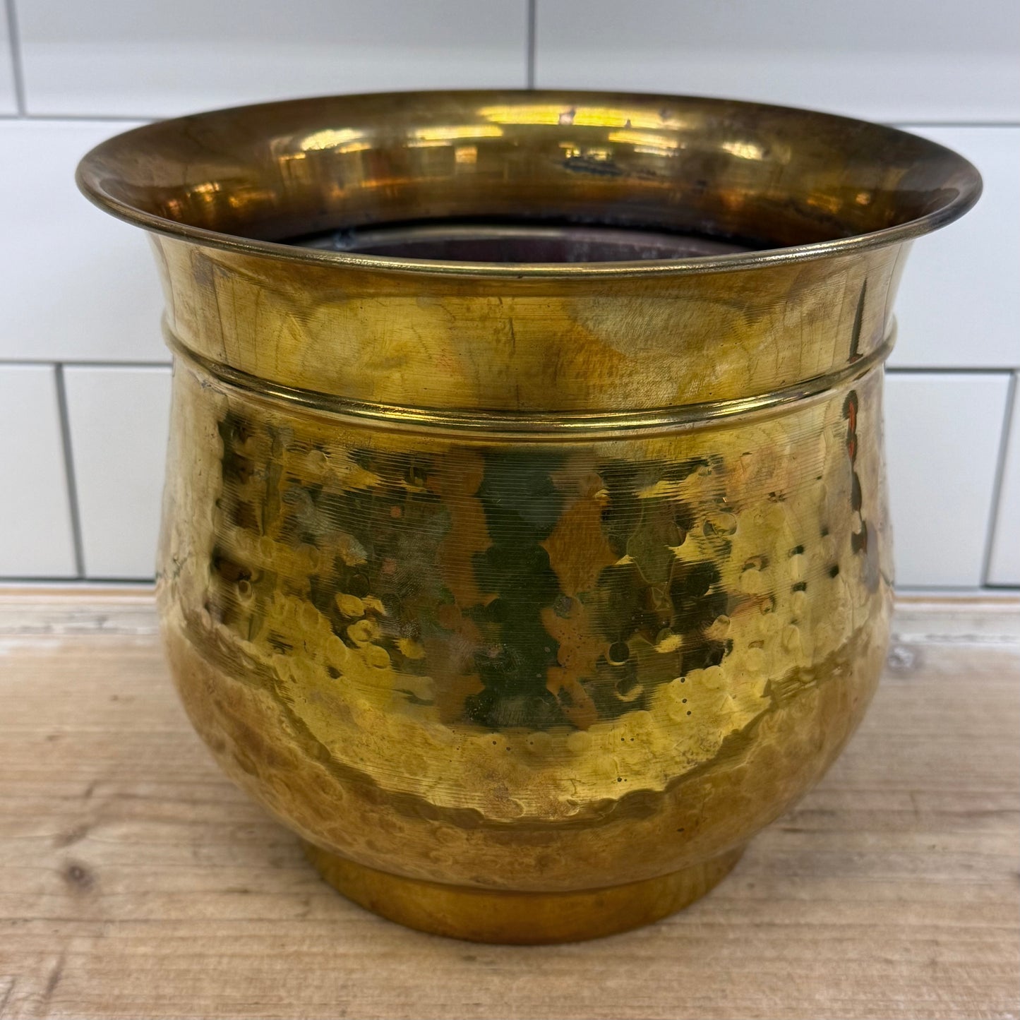 Vintage Hammered Brass Planter with Copper Lined Interior 1960s