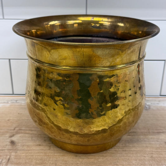 Vintage Hammered Brass Planter with Copper Lined Interior 1960s
