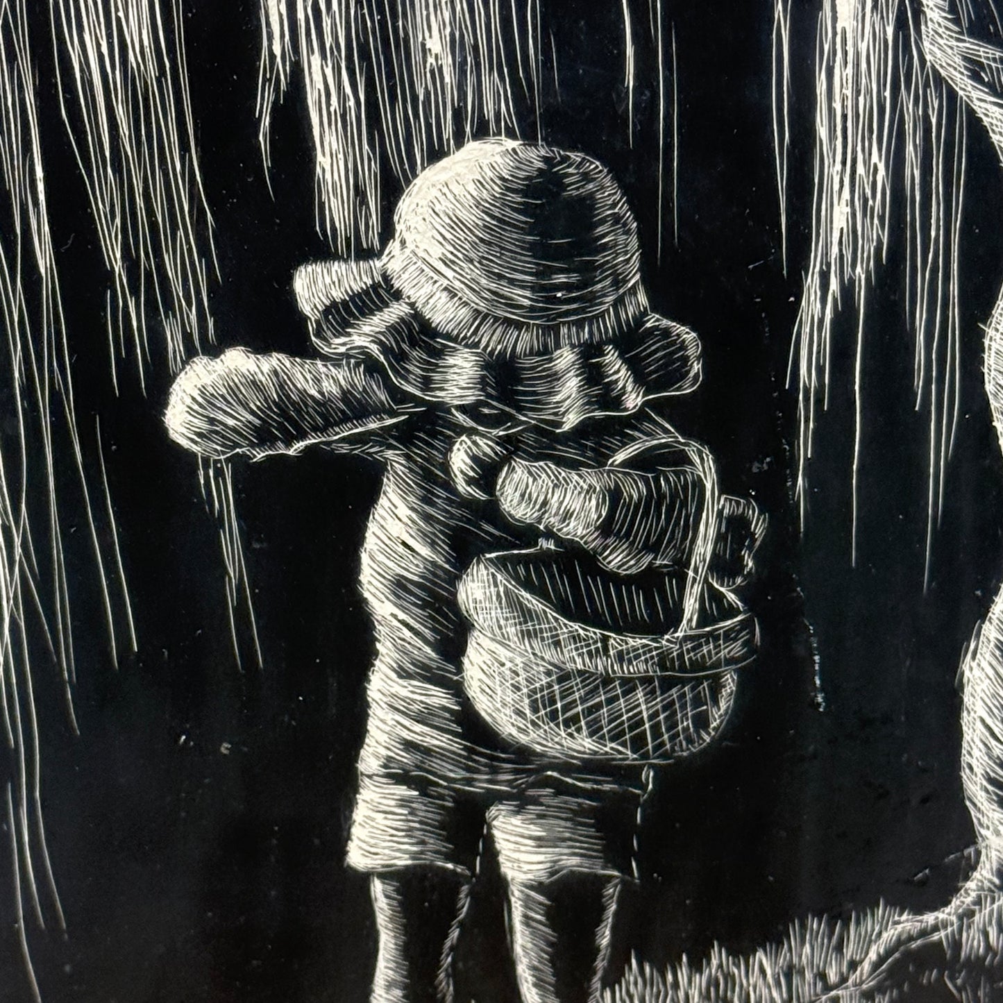 Original Linocut Print Child Under Willow Signed Kris Johnson