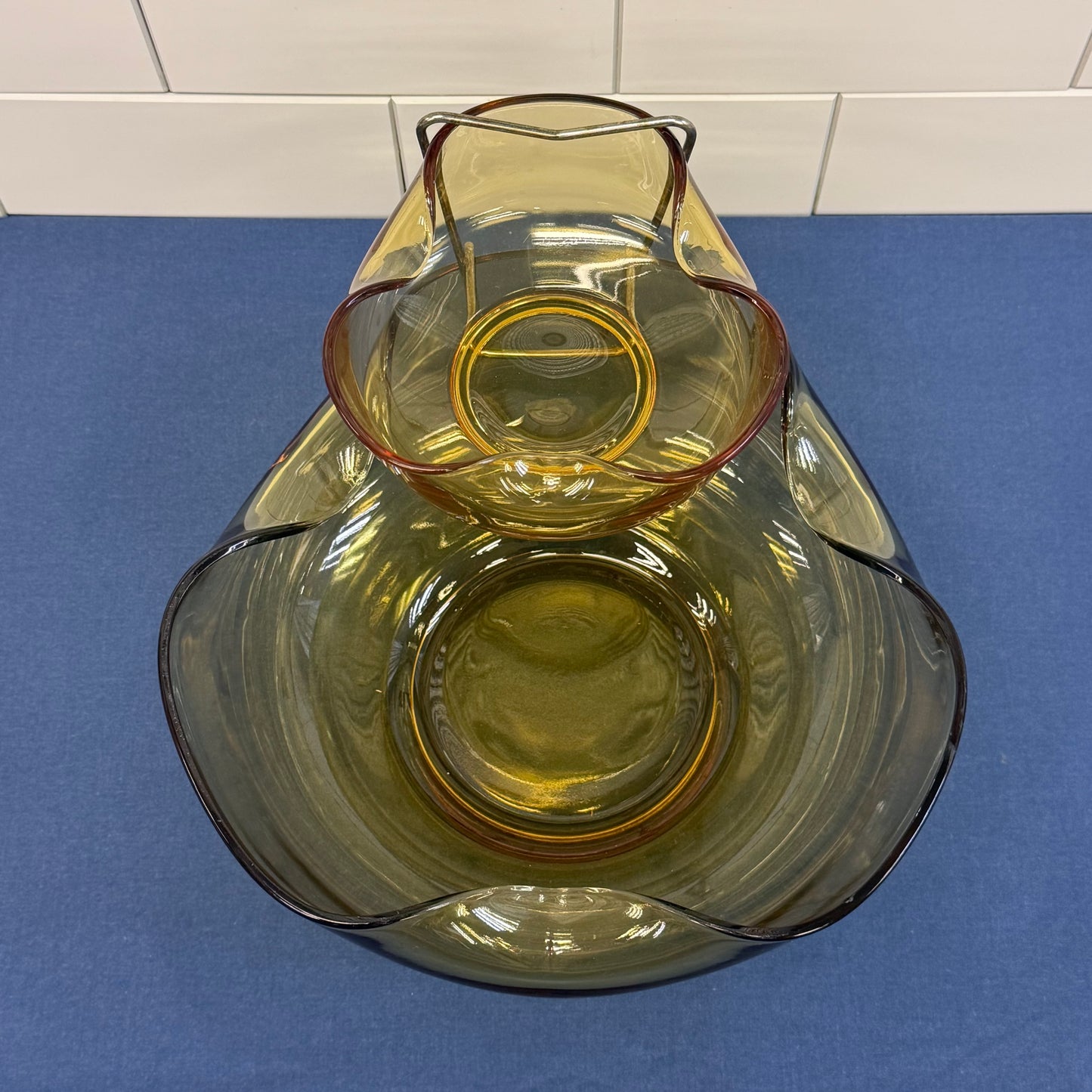 Anchor Hocking Accent Amber Glass Chip Dip Bowl Set Vintage 1960s
