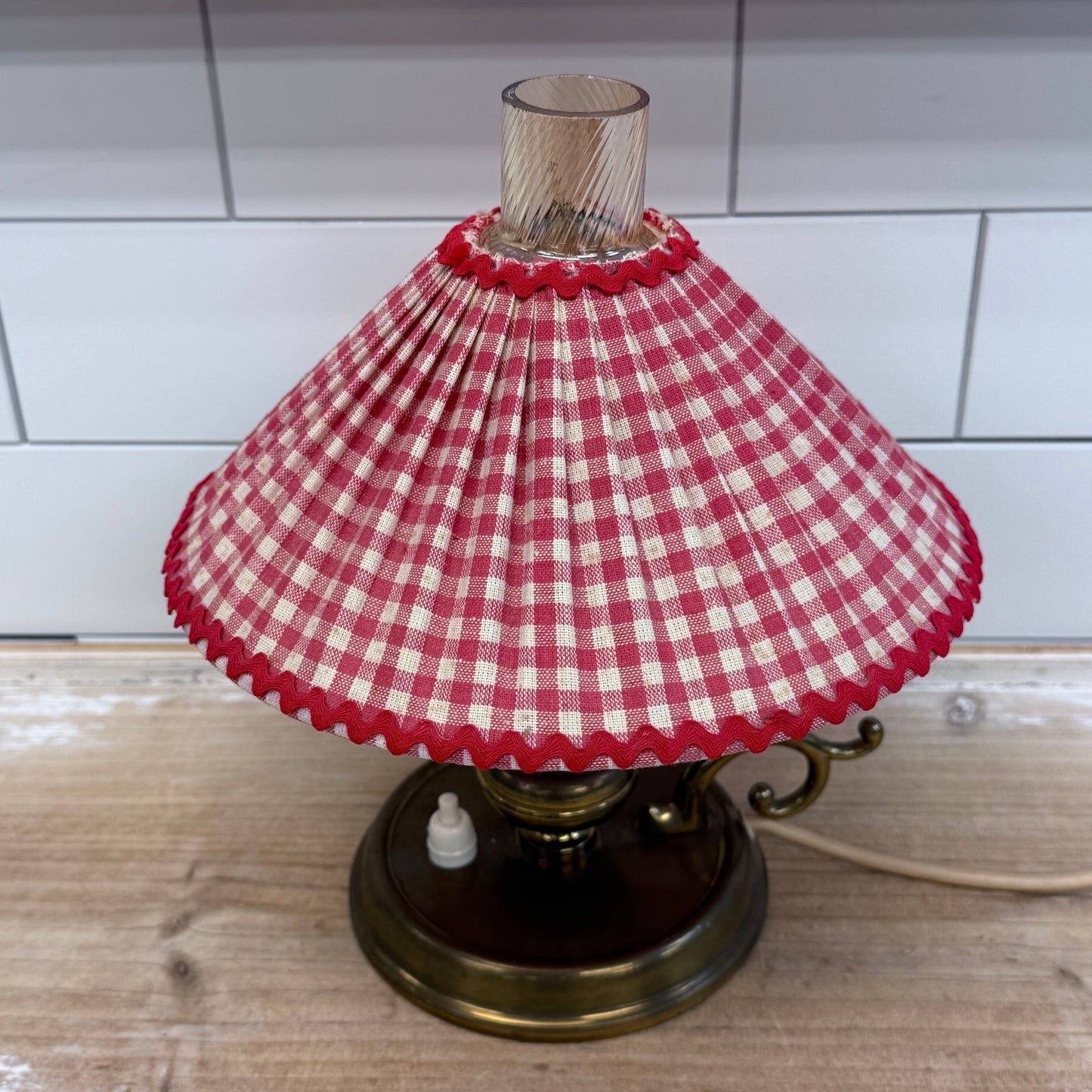 Brass Hurricane Lamp Gingham Shade Farmhouse