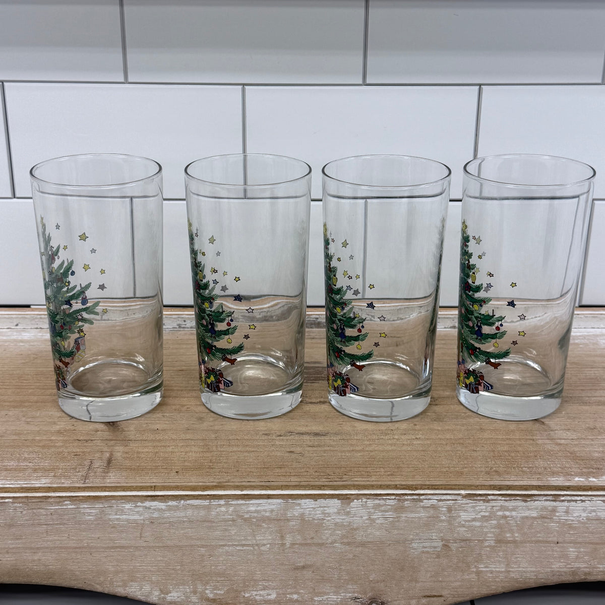Nikko Christmas Tree Teddy Bear Highball Glass Tumblers Set of 4