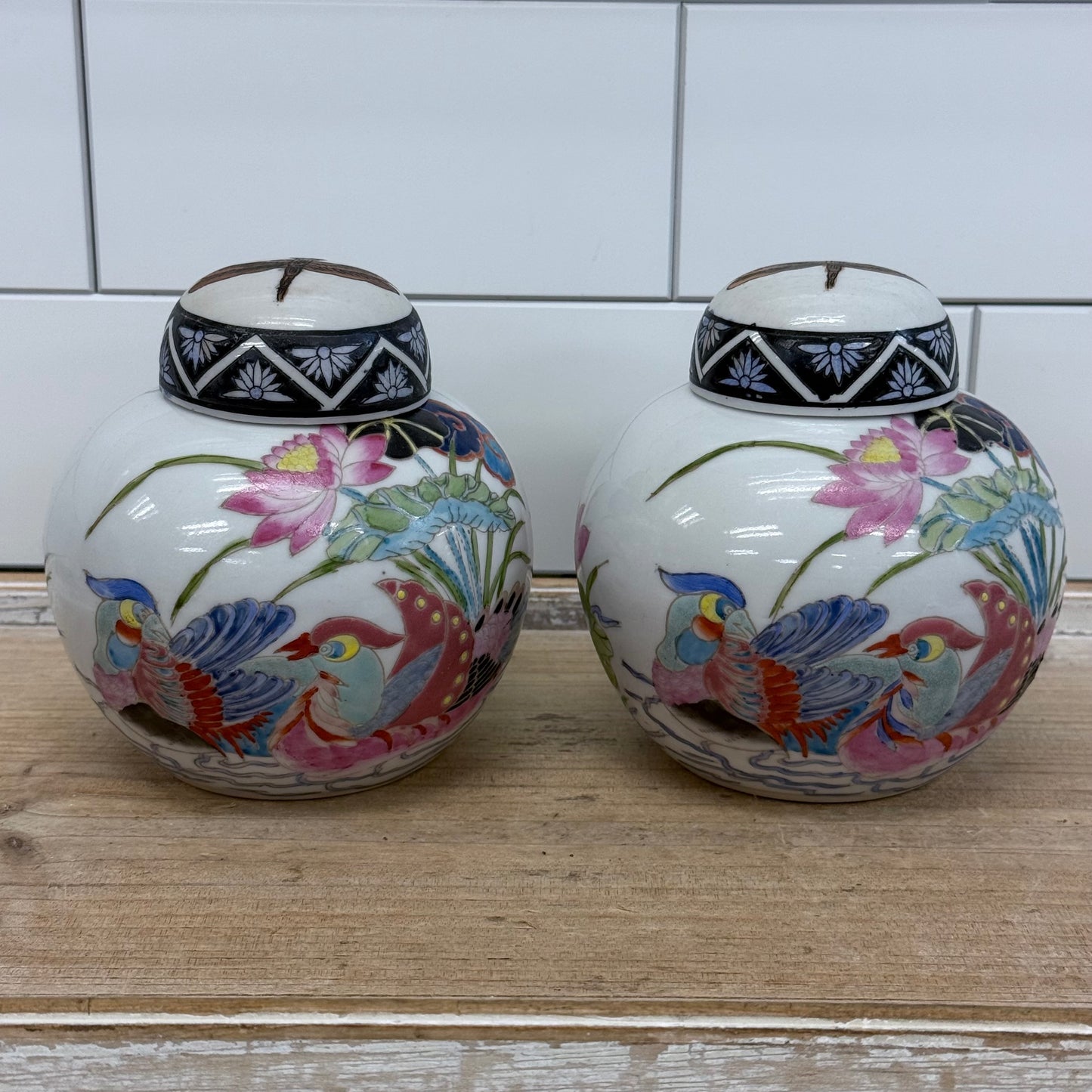 Toyo Porcelain Ginger Jars Bird & Dragonfly Set of 2 Japan