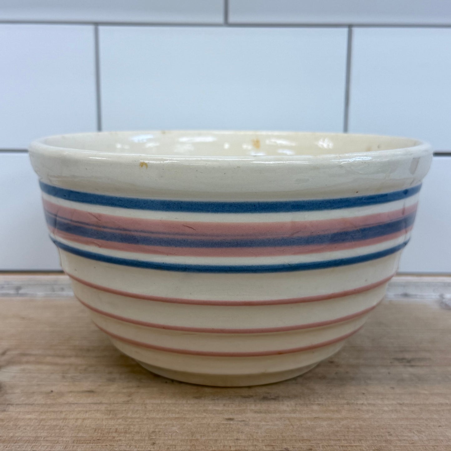American Pink & Blue Band Stoneware Mixing Bowl 1930s